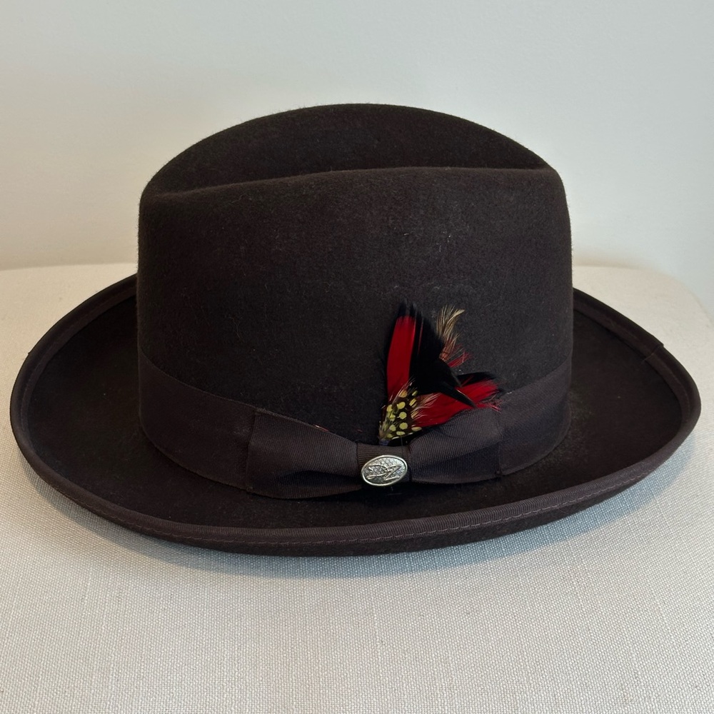 DenZel Brown Fedora Hat with Feather Accent Wool Godfather